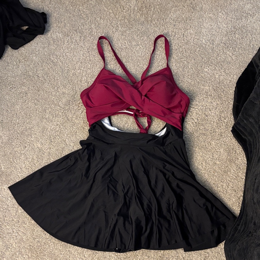 Elegant Burgundy and Black One-Piece Swimsuit